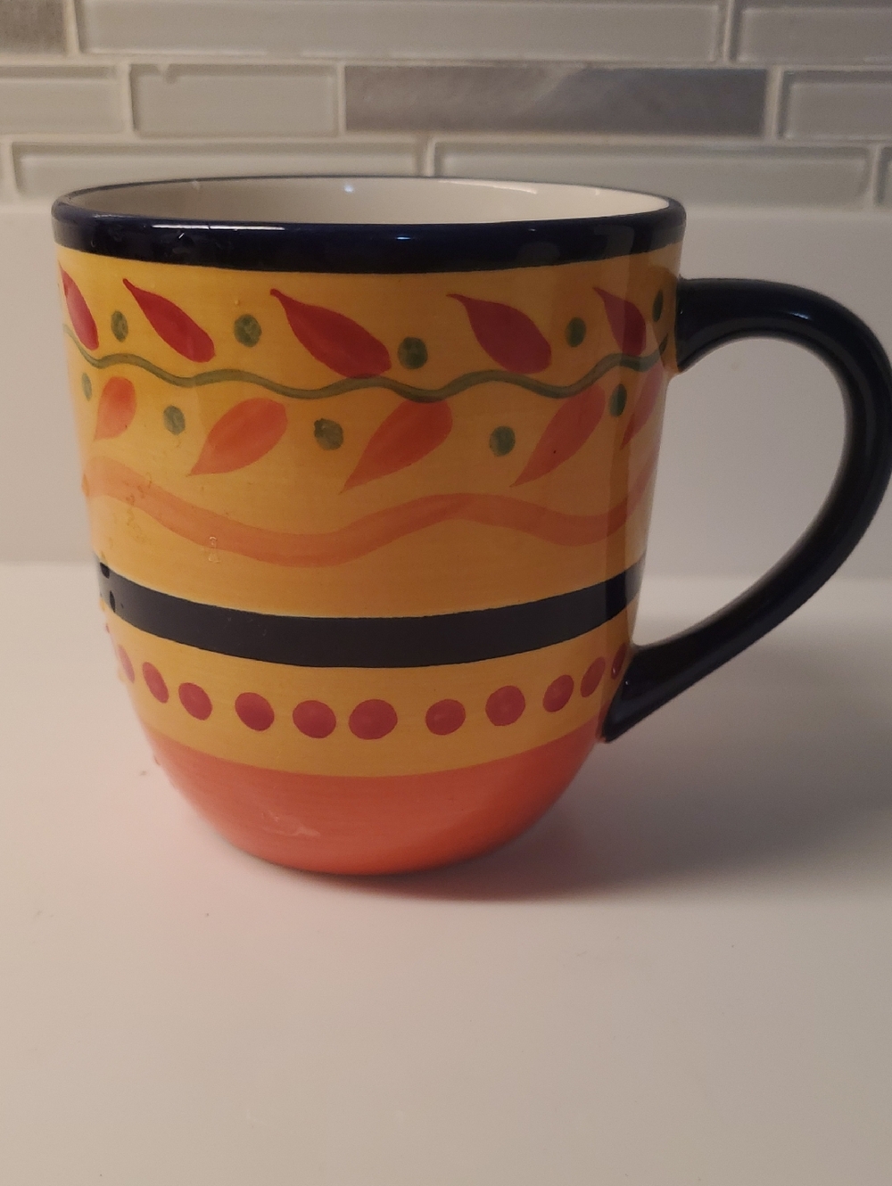 Libbey Yellow & Orange Ceramic Mug with Navy Handle